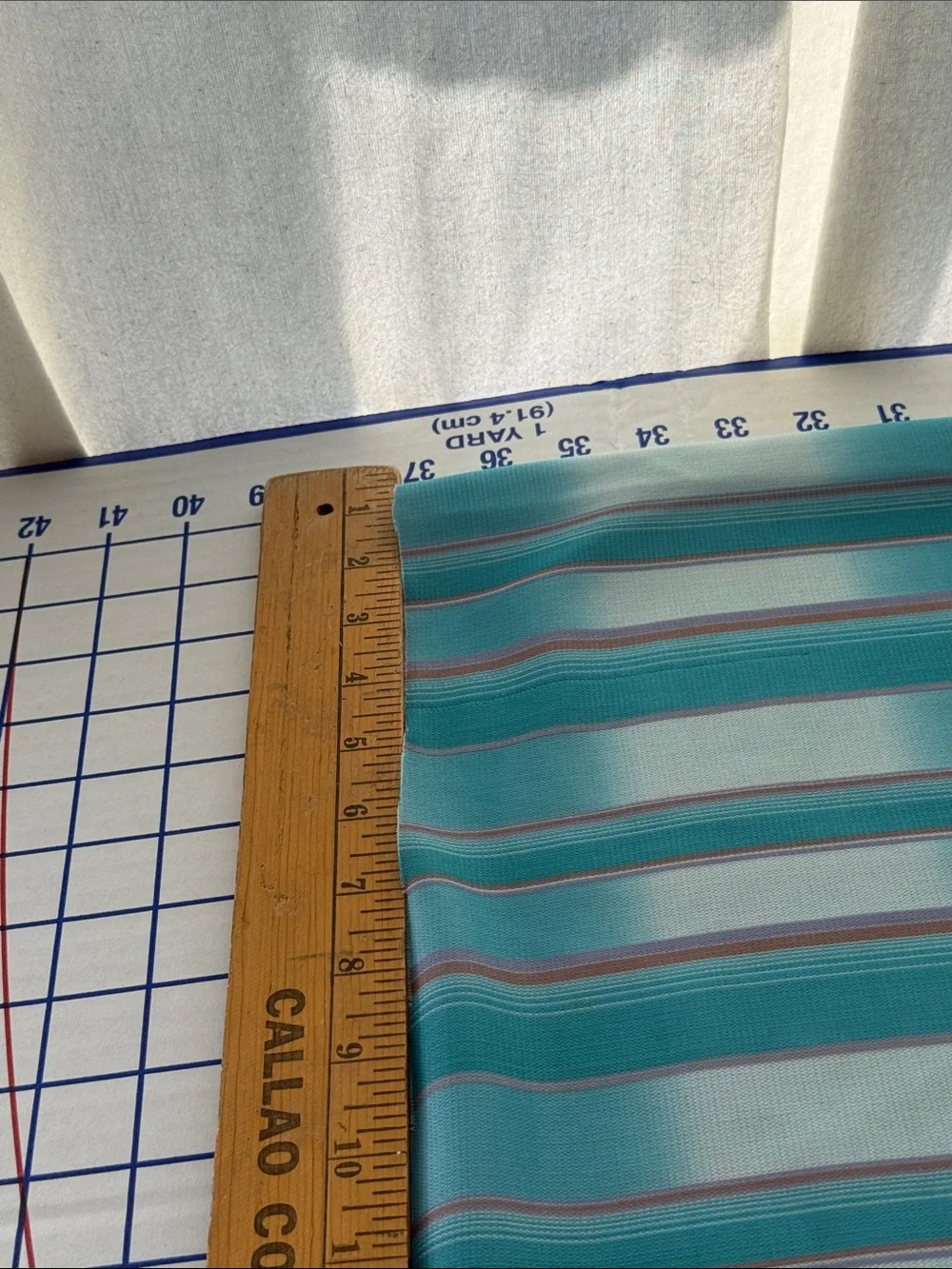 Vintage 1970s Polyester Double Knit Stripe Fabric 1 Yard x 60” Turquoise White